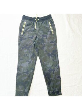 DSG Youth Medium Green Gray Camo Jogger Pants Neon Zipper Pockets & Drawstring